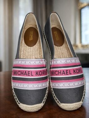 NWOT Michael Kors Logo Stripe Espadrille Flats Gray Pink Slip On Shoes Size 8